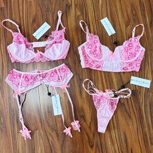 For Love and Lemons Retro Hearts Bustier Bra Garter Thong Set NEW